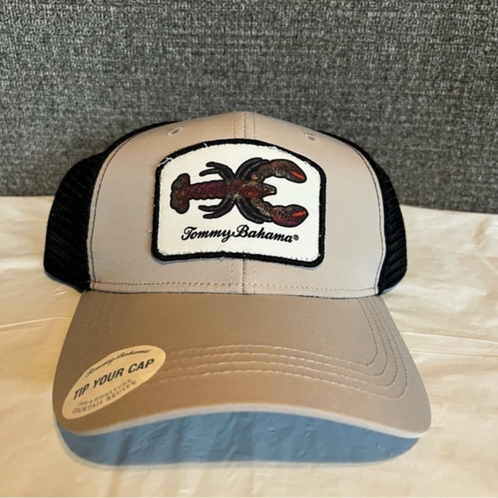 Tommy Bahama Hat Lobster Patch Trucker Tip Your Cap Mesh Tan/Black SnapBack NWT